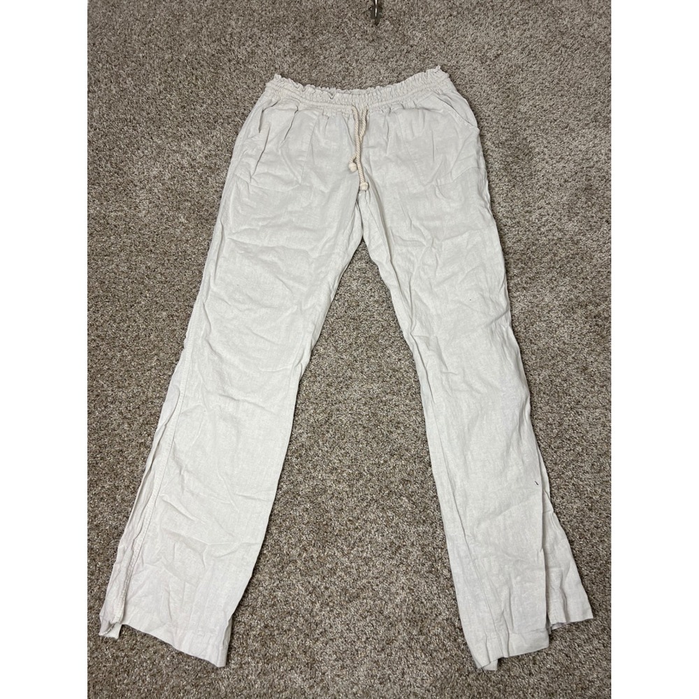 Roxy Oceanside Linen Blend Beach Pants Oatmeal Beige XL Smocked Waist Drawstring